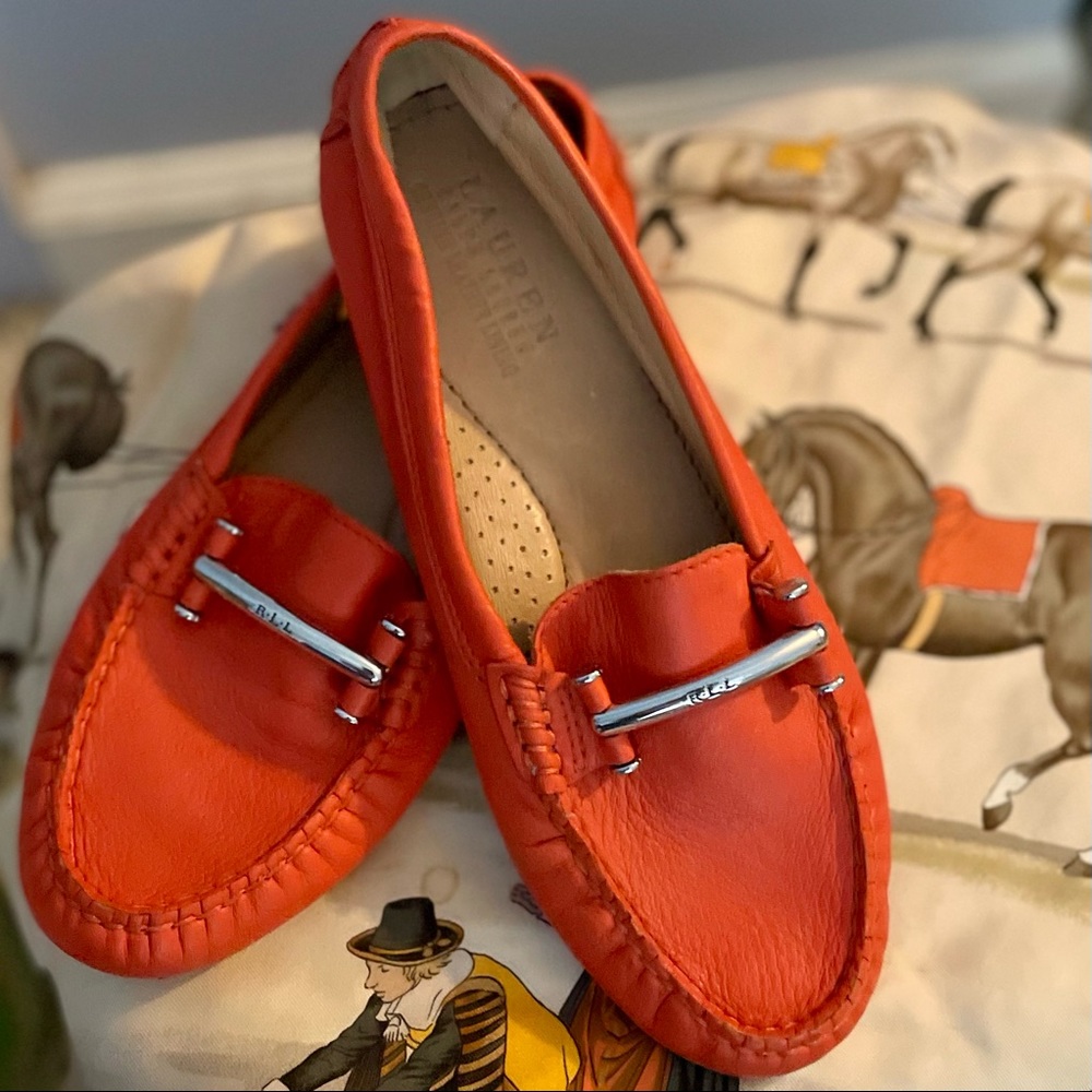 Ralph Lauren soft suede driving loafers. Bright orange. Size:6.5B